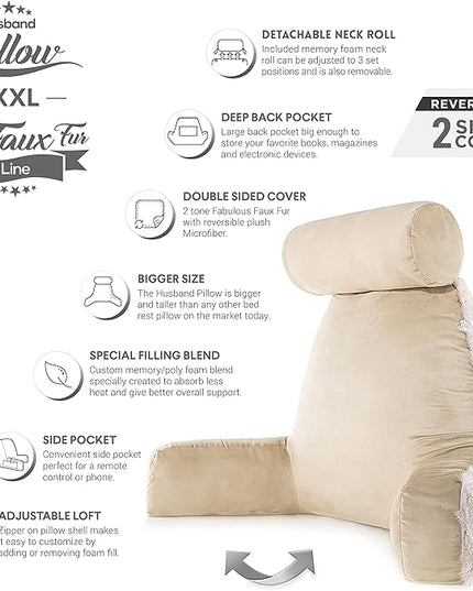 Husband Pillow XXL Baby Golden Wolf Fabulous Faux Fur Backrest, Two-Tone Reversible Double Sided Reading & Bed Rest Pillow with Arms & Neck Roll, Adjustable Memory Foam - Sit Up Extremely Comfy - LeafyLoom
