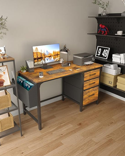 Lufeiya Computer Desk with Fabric File Drawers Cabinet, 47 Inch Home Office Desks with Filing Cabinet for Small Space, Study Writing Table PC Desks, Rustic Brown - LeafyLoom