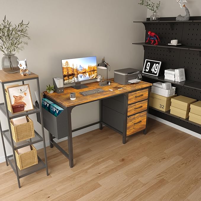 Lufeiya Computer Desk with Fabric File Drawers Cabinet, 47 Inch Home Office Desks with Filing Cabinet for Small Space, Study Writing Table PC Desks, Rustic Brown - LeafyLoom