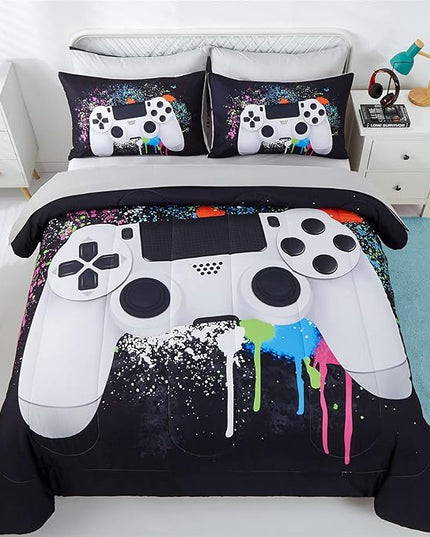 KAKKI 4 Piece Boys Twin Gamer Comforter Set with Sheets, 3D Colorful Video Game Controller Comforter for Kids Teen, All Season Soft Microfiber Gaming Bedding Set(White,Twin) - LeafyLoom