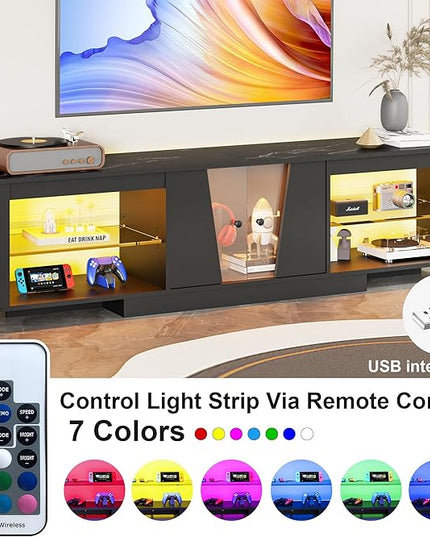 HOME BI TV Stand with LED Lights for TVs up to 70 inch, Entertainment Center with Glass Shelves and Two Cabinets, Console TV Stand for Living Room, 22 RGB Modes, Black - LeafyLoom