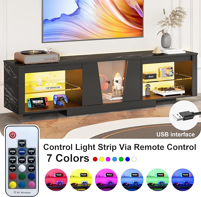 HOME BI TV Stand with LED Lights for TVs up to 70 inch, Entertainment Center with Glass Shelves and Two Cabinets, Console TV Stand for Living Room, 22 RGB Modes, Black - LeafyLoom