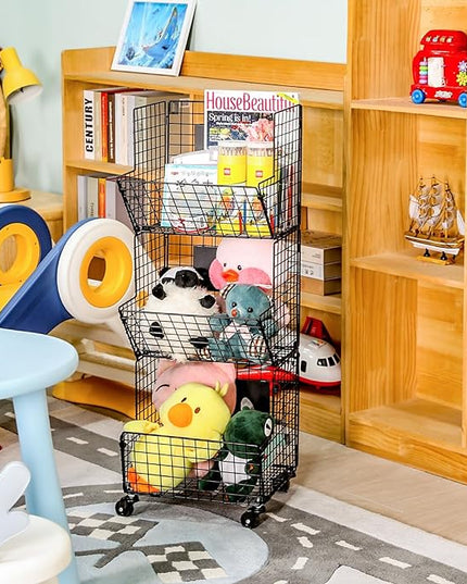 3 Tier Metal Wire Baskets - Toy Organizer Basket Shelf with Wheel, S-Hooks, Rolling Cart Hanging Storage Baskets for Child Room, Playroom, Bedroom, Kitchen (Black) - LeafyLoom