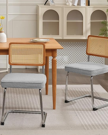 Rattan Dining Chairs Set of 2, Mid Century Modern Sherpa Dining Room Kitchen Chairs with Cane Back, Metal Chrome Legs, Upholstered Wicker Armless Accent Chairs, Grey - LeafyLoom