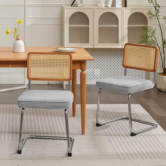 Rattan Dining Chairs Set of 2, Mid Century Modern Sherpa Dining Room Kitchen Chairs with Cane Back, Metal Chrome Legs, Upholstered Wicker Armless Accent Chairs, Grey - LeafyLoom