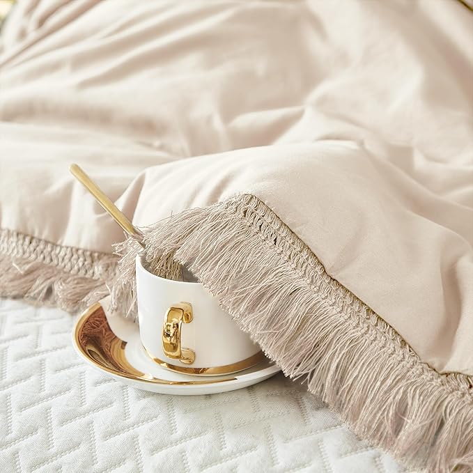 Litanika Beige Queen Comforter Set, 3 Pieces Cream Boho Tassel Lightweight Bed Comforter Queen,All Season Soft Solid Color Bedding Comforter Sets Ivory (1 Comforter 90x90 Inch, 2 Pillowcases) - LeafyLoom