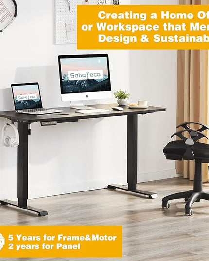 Electric Height Adjustable Desk, 48x24 Sit Stand Desk with Splice Board, Gaming Desk with Memory Presets, Black Steel Frame & Black Board - LeafyLoom