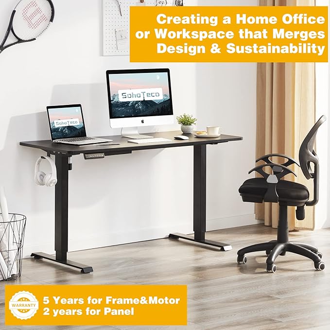 Electric Height Adjustable Desk, 48x24 Sit Stand Desk with Splice Board, Gaming Desk with Memory Presets, Black Steel Frame & Black Board - LeafyLoom