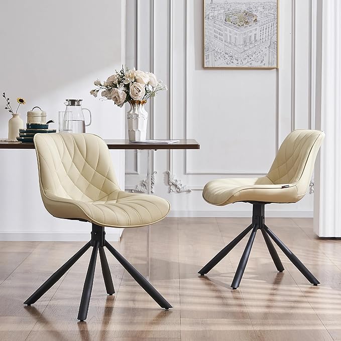 YOUNUOKE Upholstered Dining Chairs Set of 2 Comfortable Mid Century Modern Kitchen Chair with Sturdy Metal Legs Faux Leather Dinner Chairs for Kitchen Dining Room, Beige - LeafyLoom