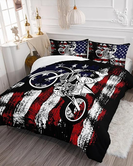 Axolotl Dirt Bike Comforter Set Twin,American Flag Bedding Set,Motocross Comforter Set,White Red Stripes Stars Comforter Set,Motorcycle Racer Comforter for Boys Kids Teens Men,1 Quilt 2 Pillowcases - LeafyLoom