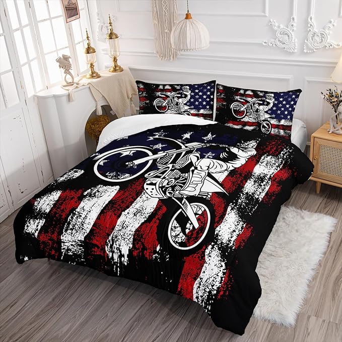 Axolotl Dirt Bike Comforter Set Full,American Flag Bedding Set,Motocross Comforter Set,White Red Stripes Stars Comforter Set,Motorcycle Racer Comforter for Boys Kids Teens Men,1 Quilt 2 Pillowcases - LeafyLoom