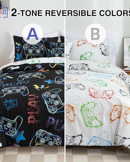 Meeting Story Gamer Gaming Bedding Sets Fluorescence Gamepad Comforter Set for Boys Games Console Action Buttons Novelty Colorful Modern Room Decor Home Quilt Set (Black, Twin6pcs) - LeafyLoom