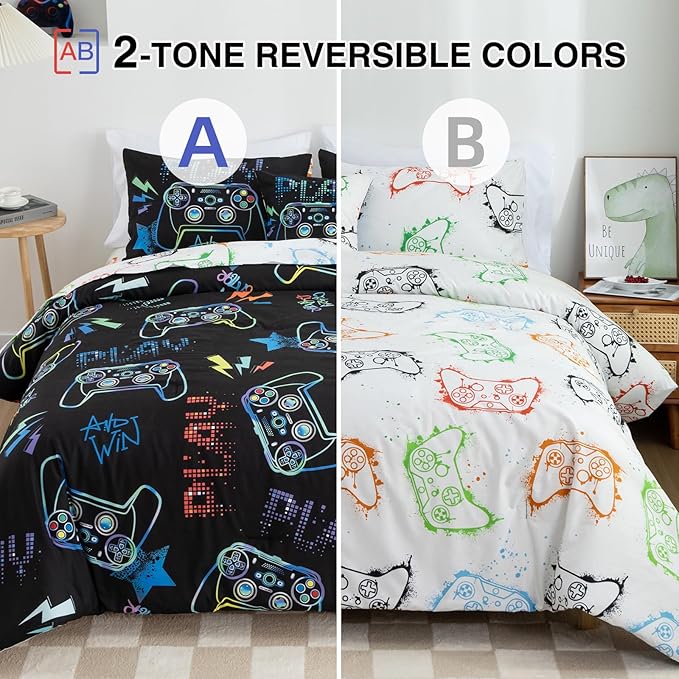 Meeting Story Gamer Gaming Bedding Sets Fluorescence Gamepad Comforter Set for Boys Games Console Action Buttons Novelty Colorful Modern Room Decor Home Quilt Set (Black, Twin6pcs) - LeafyLoom