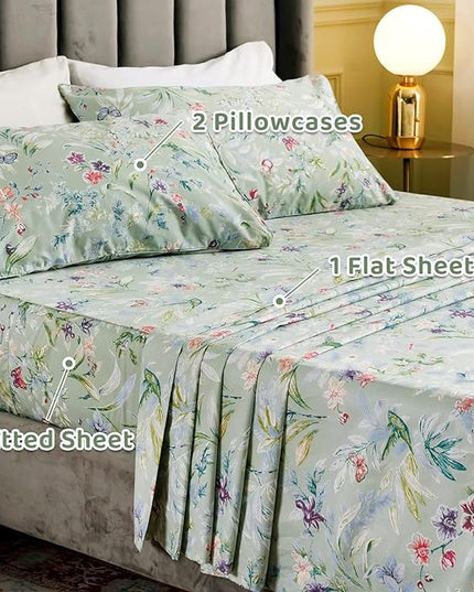 QSH Floral Full Size Sheet Sets - Green Flower Bird Butterfly Print Botanical Bedding Egyptian Cotton Printed Sheets Full Size Bed Extra Soft and Breathable 4pcs Deep Pockets Bed Sheets - LeafyLoom