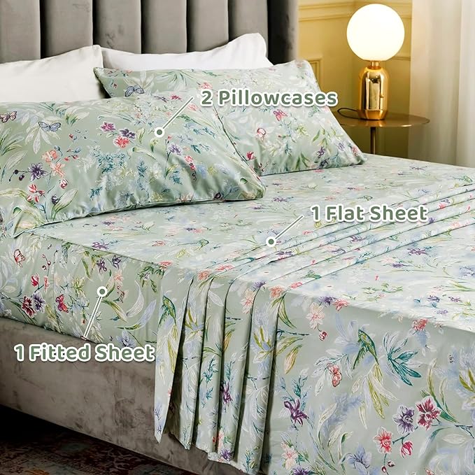 QSH 100% Egyptian Cotton Cal King Sheets, Green Flower Bird Butterfly Pattern Luxury Cotton Printed Flower California King Bedding Sheets, 4pcs Deep Pocket California King Floral Bed Sheet Set - LeafyLoom