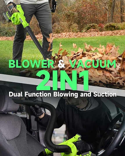 Cordless Leaf Blower with 2 Batteries, Charger & Dust Bag, 2-in-1 20V Cordless Vacuum Cleaner with Self-Locking Switch, Handheld Battery Powered Small Blower for Lawn Care/Dust/Pet Hair/Inflatable Bed - LeafyLoom