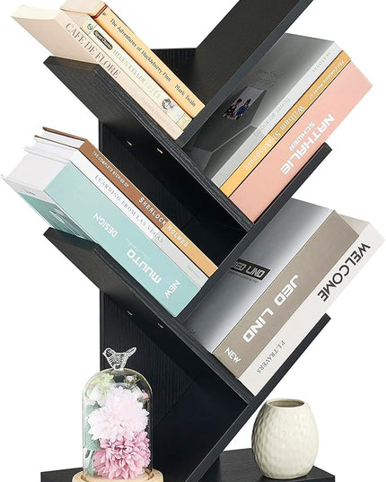 Hoctieon 4 Tier Tree Bookshelf, 4 Shelf Bookcase, Free Standing Tree Bookcase, Display Floor Standing Shelf for Books, Book Organizer Shelves for Home Office, Living Room, Bedroom, Black - LeafyLoom