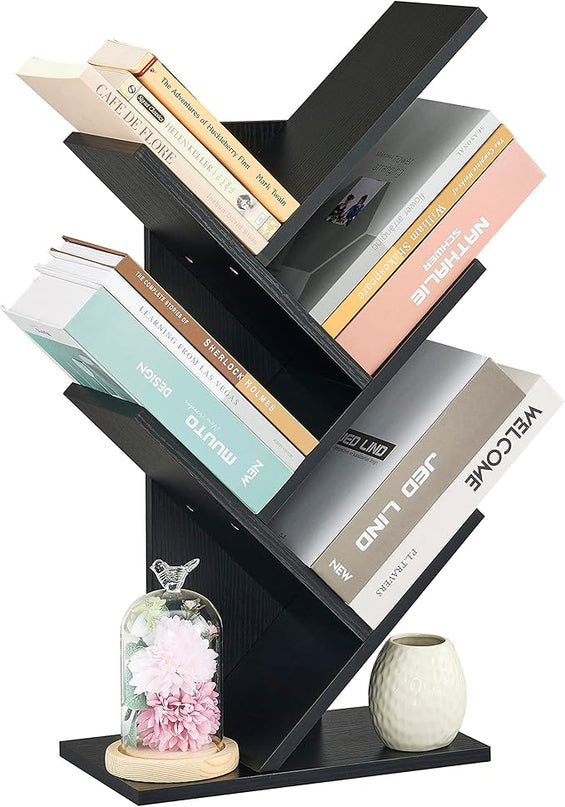Hoctieon 4 Tier Tree Bookshelf, 4 Shelf Bookcase, Free Standing Tree Bookcase, Display Floor Standing Shelf for Books, Book Organizer Shelves for Home Office, Living Room, Bedroom, Black - LeafyLoom