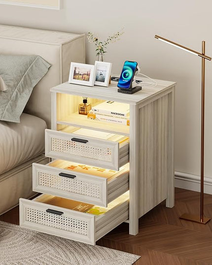 Rattan Nightstand with Charging Station, Night Stand with 3 Drawers and Open Shelf, Bed Side Table with LED Lights for Bedroom, Living Room, Grey - LeafyLoom