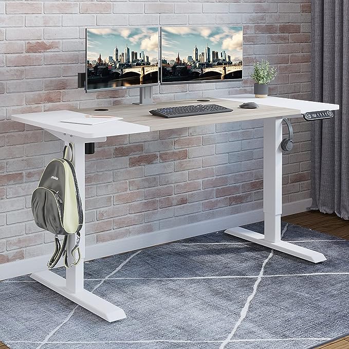 Radlove Electric Height Adjustable Standing Desk, 55 x 24 Inches Stand Up Workstation, Splice Board Home Office Computer Table Ergonomic (White Frame + 55" White+Maple Top) - LeafyLoom