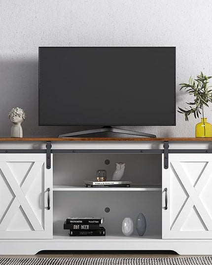TV Stand with 2 Sliding Barn Doors, 59 Inch Television Stands with Adjustable Shelves for TVs Up to 65", Entertainment Center with Storage for Living Room, Distressed White - LeafyLoom
