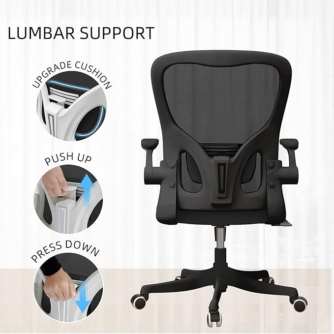 Office Chair, Ergonomic Office Chair Desk Chair with Lumbar Support & 2D Flip-up Arms Height Adjustable Home Office Desk Chairs Rockable High Back Computer Chair Black Mesh Study Chair - LeafyLoom