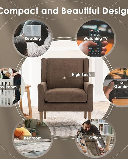 COLAMY Modern Wingback Living Room Chair, Upholstered Fabric Accent Armchair, Single Sofa chair with Lounge Seat and Wood Legs for Bedroom/Office/Reading Spaces, Brown - LeafyLoom