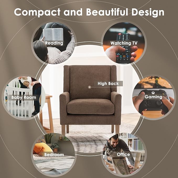 COLAMY Modern Wingback Living Room Chair, Upholstered Fabric Accent Armchair, Single Sofa chair with Lounge Seat and Wood Legs for Bedroom/Office/Reading Spaces, Brown - LeafyLoom