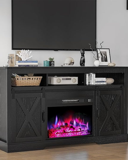 Farmhouse Fireplace TV Stand for 65+ Inch TV, Entertainment Center with 23" Electric Fireplace with Remote, Modern Rustic TV Console with Sliding Bar Door for Living Room, Black - LeafyLoom
