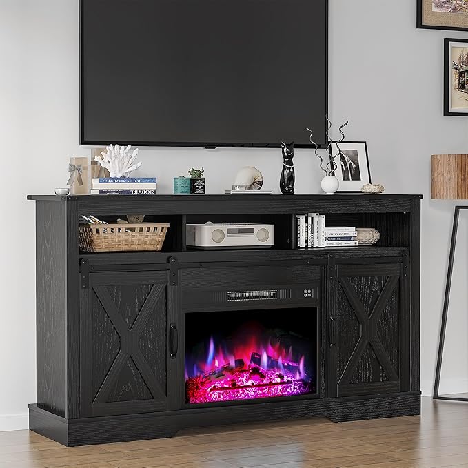 Farmhouse Fireplace TV Stand for 65+ Inch TV, Entertainment Center with 23" Electric Fireplace with Remote, Modern Rustic TV Console with Sliding Bar Door for Living Room, Black - LeafyLoom