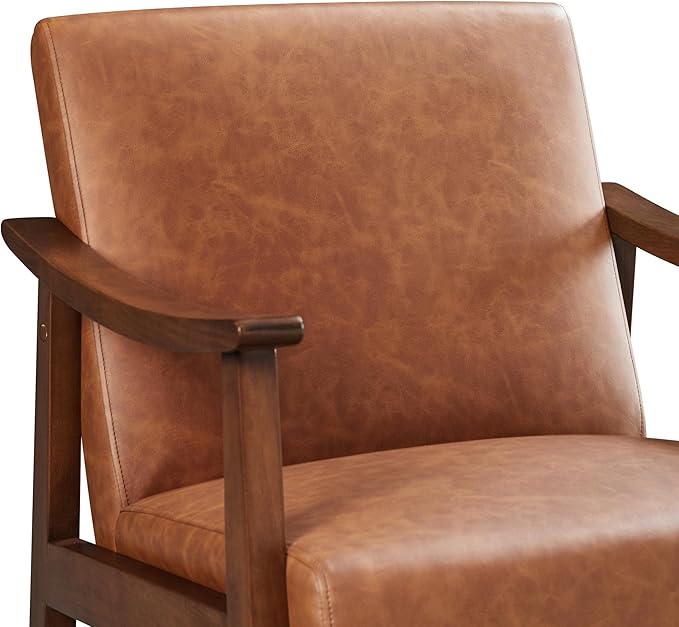 Yaheetech PU Leather Accent Chair, Mid-Century Modern Armchair with Solid Wood Legs, Reading Leisure Chair with High Back for Living Room Bedroom Waiting Room, Brown - LeafyLoom