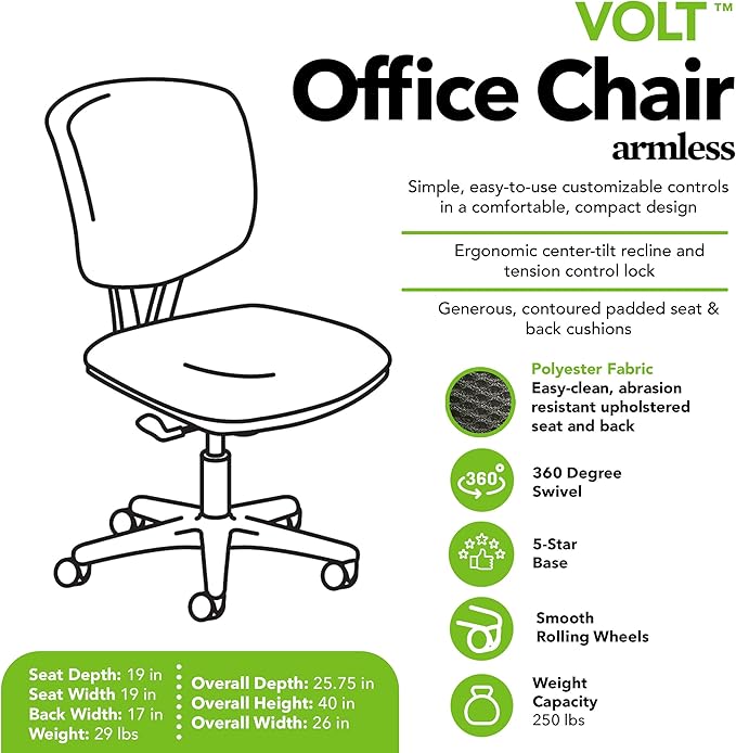 HON Volt Armless Chair Home Desk Wheels. Recline and Tilt, Ergonomic Office, Black - LeafyLoom