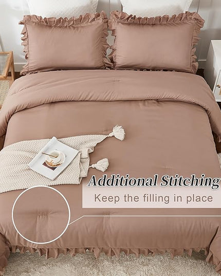 Andency Taupe Twin Size Comforter(66x90Inch), 2 Pieces(1 Ruffle Comforter and 1 Pillowcase) Solid Farmhouse Shabby Chic Comforter, Lighteweight and Soft Microfiber Bedding Set - LeafyLoom
