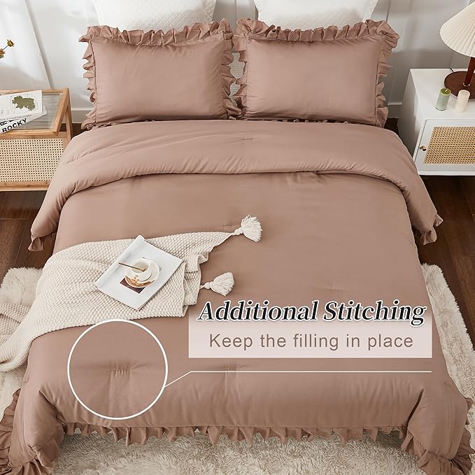 Andency Taupe King Comforter Set(104x90Inch), 3 Pieces(1 Ruffle Comforter and 2 Pillowcases) Lightweight and Fluffy Bedding Comforter Set, All Season Soft Microfiber Shabby Chic Bedding Set - LeafyLoom