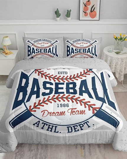 Datura home Baseball Comforter Set Vintage Grey Baseball Printed Quilt Bedding Set with 1 Comforter and 2 Pillowcases for Boys and Girls Bedroom All Season(Baseball Twin) - LeafyLoom