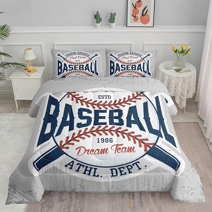 Datura home Baseball Comforter Set Vintage Grey Baseball Printed Quilt Bedding Set with 1 Comforter and 2 Pillowcases for Boys and Girls Bedroom All Season(Baseball Queen) - LeafyLoom
