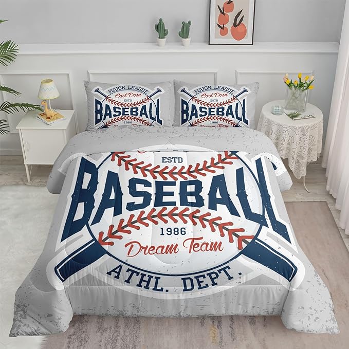 Datura home Baseball Comforter Set Vintage Grey Baseball Printed Quilt Bedding Set with 1 Comforter and 2 Pillowcases for Boys and Girls Bedroom All Season(Baseball Full) - LeafyLoom