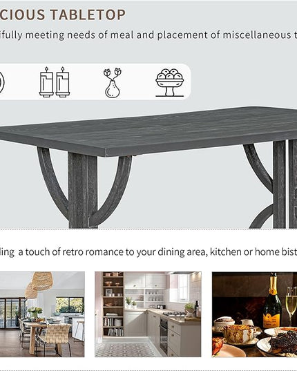 60 Inch Dining Table Set for 6, Retro Rectangular Dining Table with Unique Legs and 4 Upholstered Chairs & 1 Bench, Dining Room Table Set for Dining Room/Living Room, Grey Wash - LeafyLoom