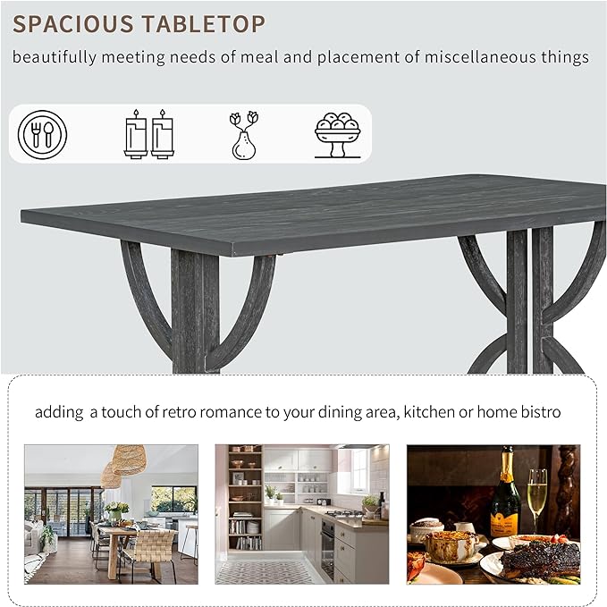 6-Piece Retro Style Rectangular Dining Table Set with Unique Legs and 4 Upholstered Chairs & 1 Bench for Kitchen, Breakfast Nook, Living Room, Gray Wash, 59.8" L x 35.8" W x 30" H - LeafyLoom