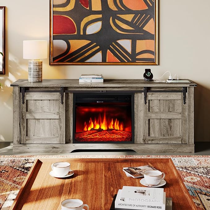 oneinmil Fireplace TV Stand with 18” Electric Fireplace, 58” TV Console Stand for TVs Up to 65", Entertainment Center, Fireplace for The Living Room TV Stand, Grey - LeafyLoom