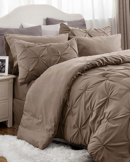 Bedsure Brown Comforter Set Queen - Bed in a Bag Queen 7 Pieces, Pintuck Beddding Sets Brown Bed Set with Comforter, Sheets, Pillowcases & Shams - LeafyLoom