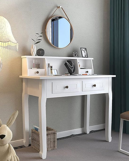 DMAITH Writing Desk with Hutch, 32 Inch Home Office Desk with Drawers, Study Table Computer Desk for Student, Makeup Dressing Table for Bedroom - LeafyLoom