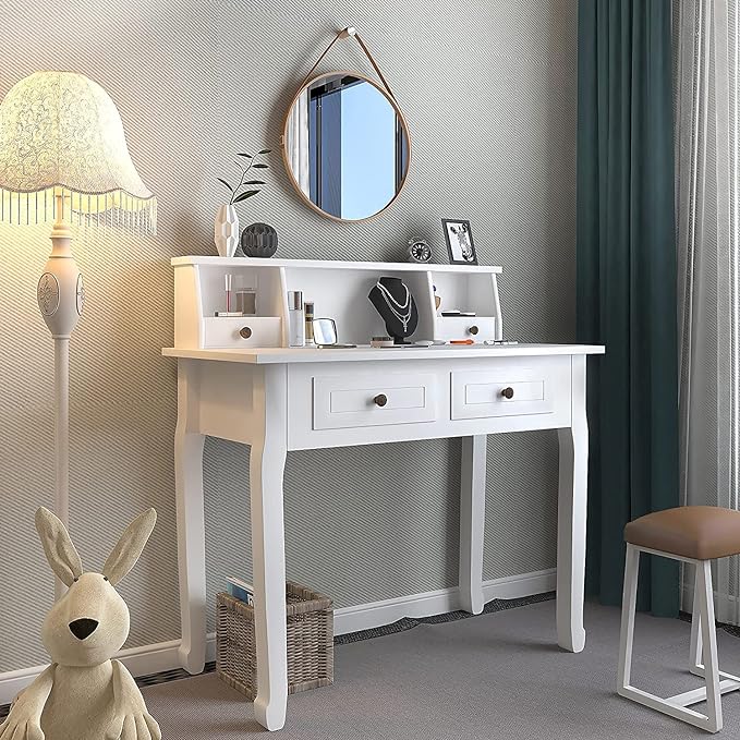 DMAITH Writing Desk with Hutch, 32 Inch Home Office Desk with Drawers, Study Table Computer Desk for Student, Makeup Dressing Table for Bedroom - LeafyLoom