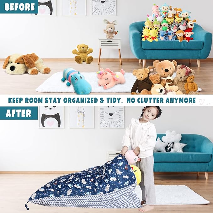 Stuffed Animal Storage Bean Bag Chair Cover, Cotton Blue Universe Plush Toy Storage Stuff and Sit Seat for Kids/Teens/Adults, 52" x 31" Extra Large Triangle Floor Sofa, 200L/52Gal, Cover Only - LeafyLoom