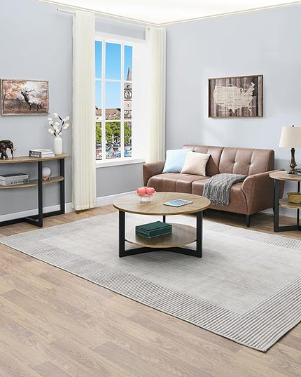 33.5" Round Coffee Table with 2-Tier Storage, Farmhouse Living Room Cocktail Table with Black Metal Leg, Solid Wood Industrial Sofa Center Table,Easy Assembly, Rustic Natural KFZ1338 - LeafyLoom