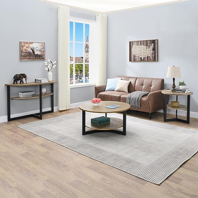 33.5" Round Coffee Table with 2-Tier Storage, Farmhouse Living Room Cocktail Table with Black Metal Leg, Solid Wood Industrial Sofa Center Table,Easy Assembly, Rustic Natural KFZ1338 - LeafyLoom