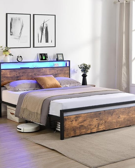 LED Bed Frame Full Size with LED Lights, USB Ports & Outlets, Full Bed Frame with Storage Headboard, Two Drawers, Industrial Style Platform Bed with Wooden Headboard, Metal Slats Supports - LeafyLoom