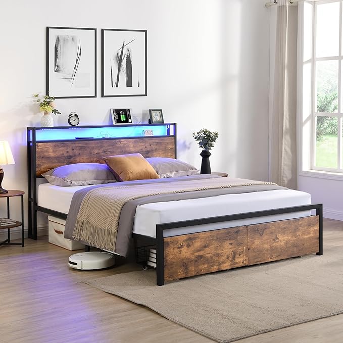LED Bed Frame Full Size with LED Lights, USB Ports & Outlets, Full Bed Frame with Storage Headboard, Two Drawers, Industrial Style Platform Bed with Wooden Headboard, Metal Slats Supports - LeafyLoom