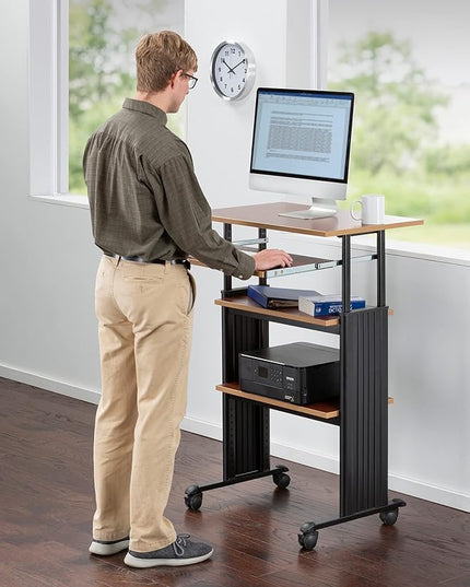 Safco Products 1929CY MUV Mobile Stand-Up Height-Adjustable Desk,Keyboard Storage, Steel Frame Construction, Durable Melamine Laminate Work Surface, 4 Wheels, Narrow Design - LeafyLoom