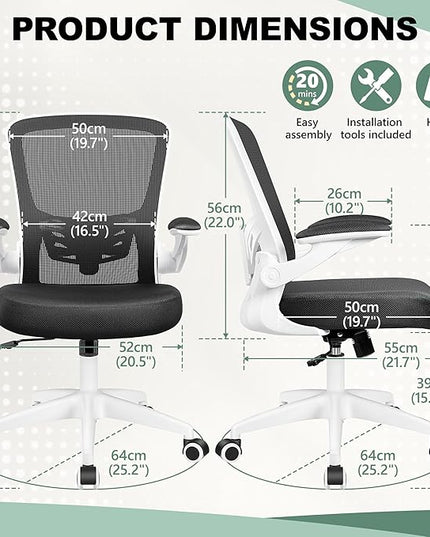 MINLOVE Office Chair Ergonomic Desk Chair with Lumbar Support and Height, Rolling Swivel Desk Chair with Wheels and Flip-up Arms, Breathable Mesh Executive Computer Chair for Home Office(White) - LeafyLoom